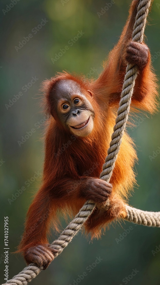 Naklejka premium Curious young orangutan playfully hanging on a rope in a lush green environment during daylight hours