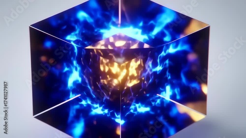 Abstract geometric design featuring a vibrant, multifaceted cube with glowing, fluid, blue and gold inner surfaces