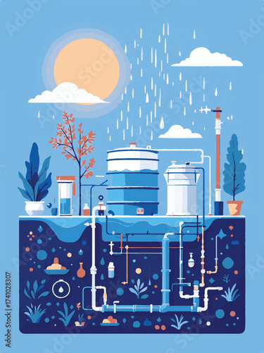 Vector of Modern Building with Advanced Rainwater Harvesting System