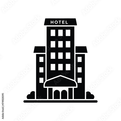 Simple black and white icon depicting a building labeled hotel