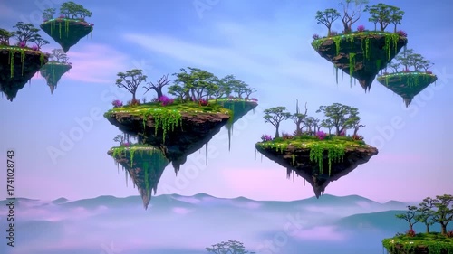 Floating Islands in a Misty Landscape