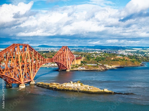 Billede på lærred Inch Garvie Castle from a drone, Forth Bridge, Queensferry Crossing, Forth Estua