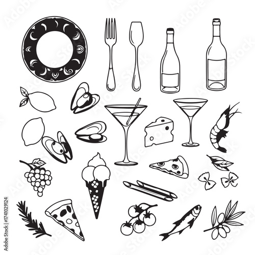 Hand-drawn Italian food set – Mediterranean lunch and dinner doodle icons featuring pasta, olives, pizza, cheese, tomatoes, lemons, and wine. Inspired by la dolce vita aesthetics.