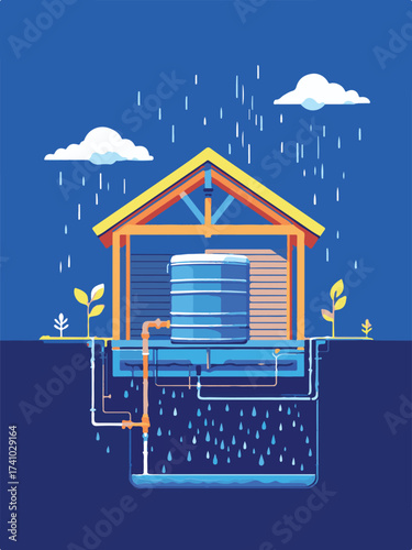 Vector Illustration of a Sustainable Home with Rainwater Harvesting System