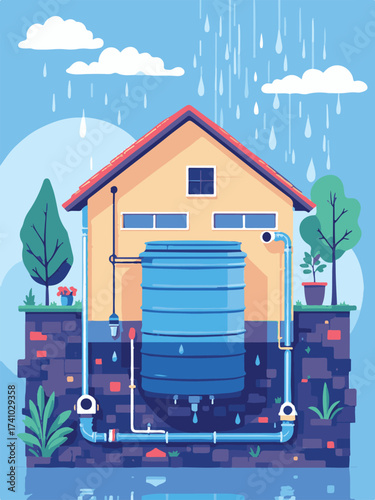 Vector Illustration of a Sustainable Home with Rainwater Harvesting System