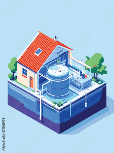Isometric Vector Illustration of a Sustainable Home with Rainwater Harvesting System