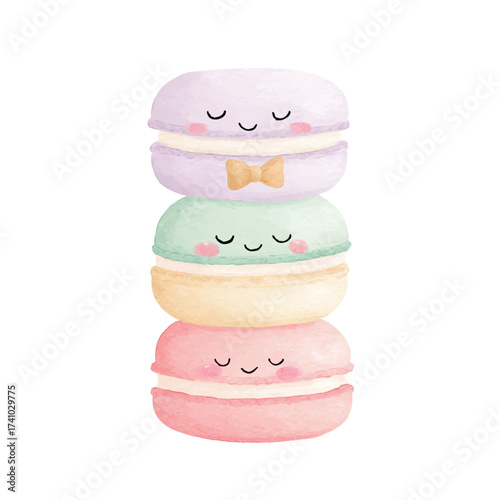 Cute Watercolor Macarons Stack Pastel Dessert Illustration.