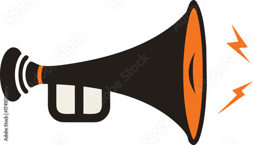 Black and orange megaphone with sound waves and lightning bolts bullhorn speaker