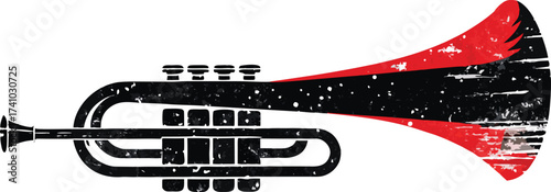 Black and red trumpet with distressed texture and white background musical instrument