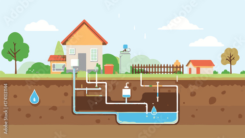 Vector Illustration of a Sustainable Home with Rainwater Harvesting Syste