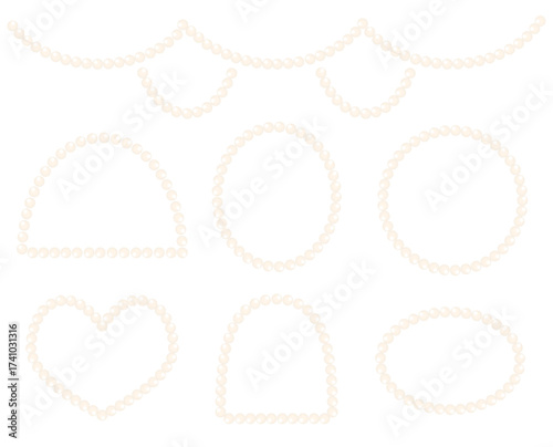 Perl frames. Silver beads. Set of garland in different shapes and frame for decoration. Chain vector illustration