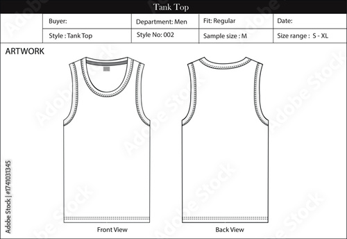 Tank top Flat sketch, Tank Top technical Drawing, tank Top Mock up