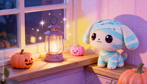 Cute dog mummy plush toy sits by lantern and pumpkin on window sill for magical halloween night celebration