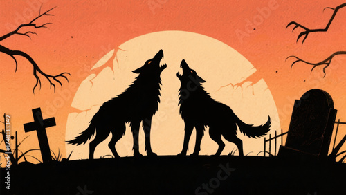 Scary wolf silhouette howl at full moon in spooky graveyard. creepy illustration for dark halloween night scene