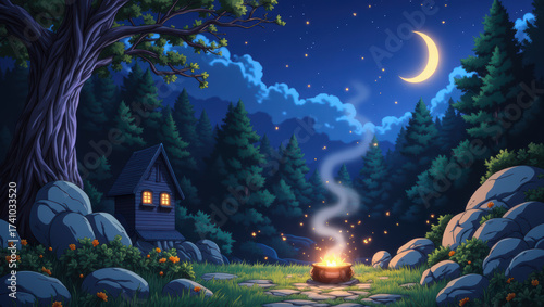 Magical campfire night in fantasy forest perfect for tranquil halloween story under crescent moon by cabin