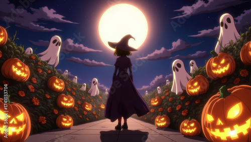 Spooky halloween fantasy night with young witch silhouette among glowing pumpkin and ghost in dark field