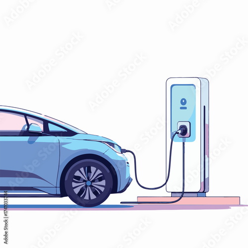 Electric Car Charging at Station – Eco-Friendly Transport Vector Illustration