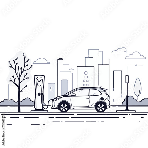 Electric Car Charging at Station – Eco-Friendly Transport Vector Illustration
