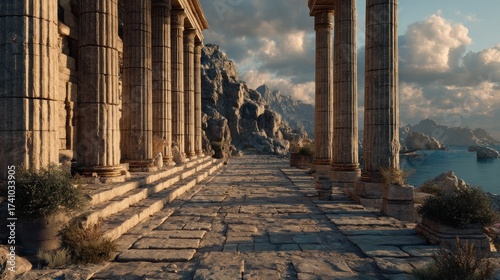 Ancient columns against a serene coastal landscape, a testament to enduring architecture