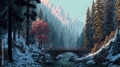 Pixelated alpine scenery with a river under a stone bridge and snowy mountains