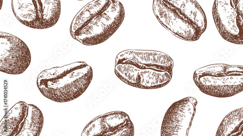 A seamless pattern of hand-drawn coffee beans on a white background