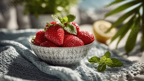 Bowl of Fresh Strawberries with Mint Leaves a Sunny Summer Day Still Life