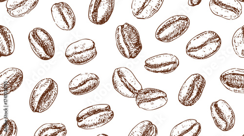 A seamless pattern of hand-drawn coffee beans on a white background
