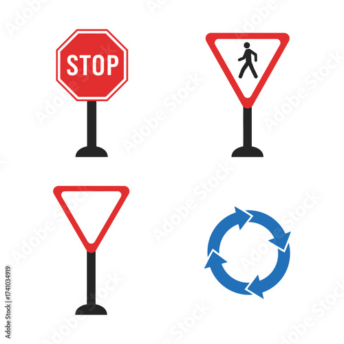 Four common road signs including stop pedestrian yield and roundabout