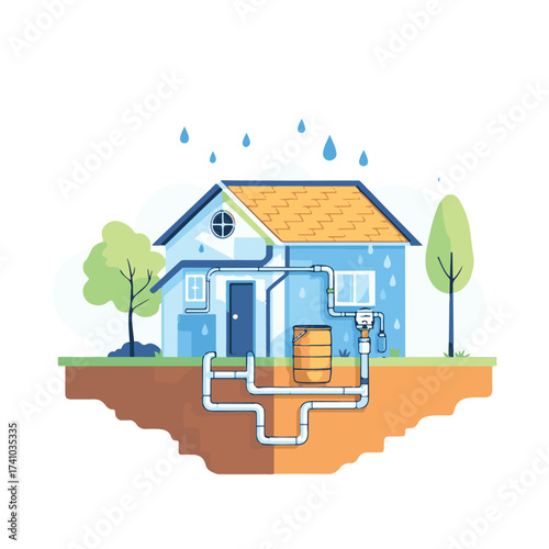 Vector Illustration of a Sustainable Home with Rainwater Harvesting System