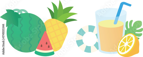 Colorful summer cool drinks and refreshing desserts illustrations