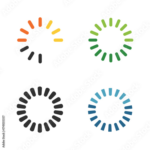 Colorful rotating loading indicators show data processing and digital connectivity