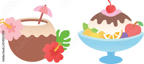 Colorful summer cool drinks and refreshing desserts illustrations