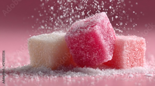 Colorful sugar cubes composition on pink background,sweet and sugary delights