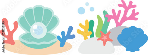 Pearl in a Seashell and Colorful Coral Reef simple illustration set