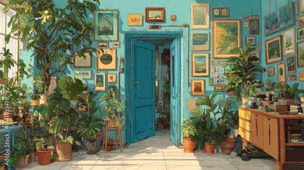 Fototapeta premium Serene indoor scene with plants, sunlight, and artworks adorning cyan walls