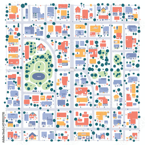 Top-Down Isometric Vector Map of a Town with Buildings, Roads, and Park