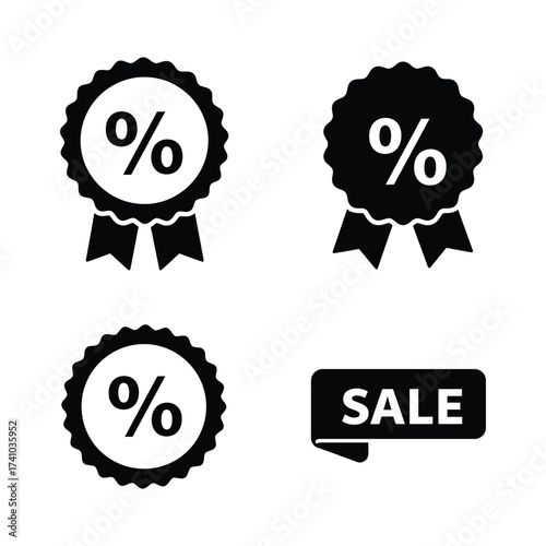 Black and white icons depicting percentage symbols ribbons and a sale label