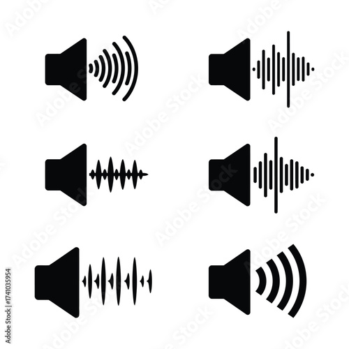 Black speaker icons with varying sound wave representations displayed clearly