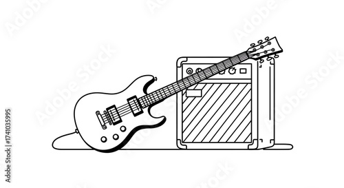 Electric Guitar and Amplifier Outline Illustration for Music Themes.