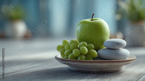 Zen Still Life: Green Apple, Grapes, and Harmony Stones Arrangement