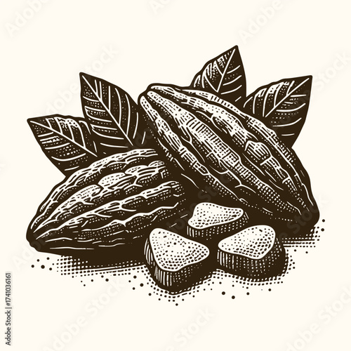 Cocoa Beans and Leaves Botanical Vintage Engraving Vector Illustration