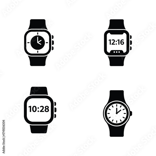 Four black and white icons depicting different styles of wrist watches