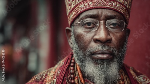 Detailed portrait of an elder man with textured beard and beaded clothing
