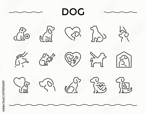 Dog vector icon set. Thin outline icons pack. Contains such symbols as pets, pet, puppy, animals, dog. Art and illustration. Animals line icon set.