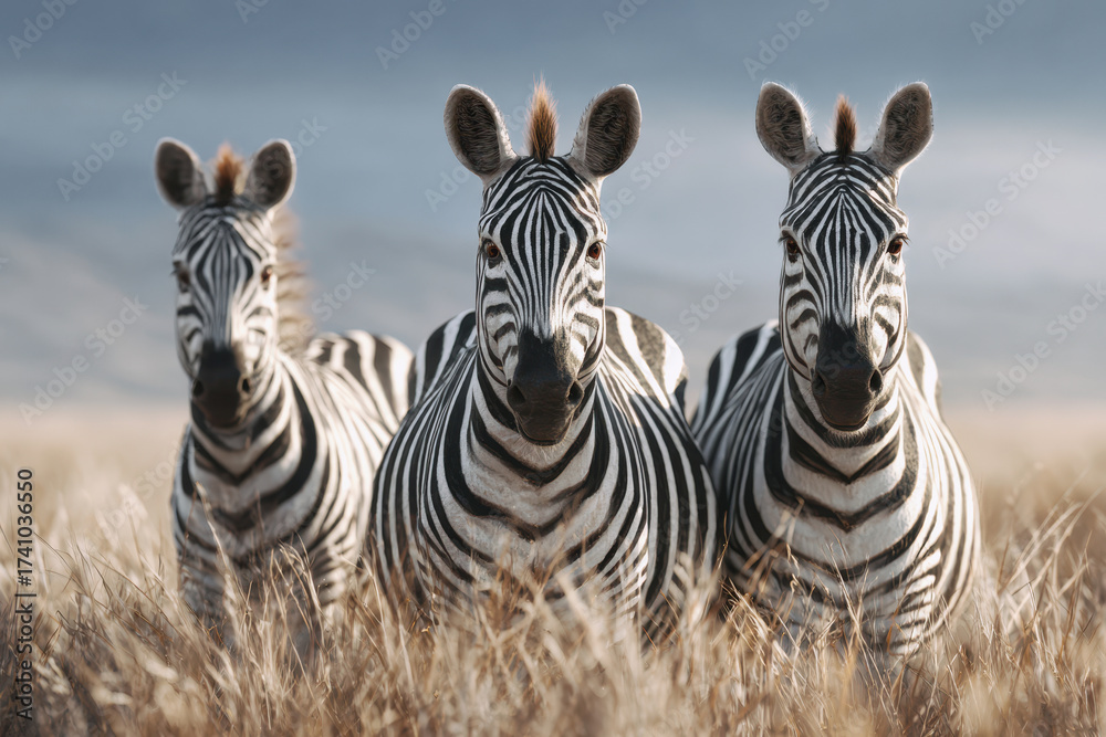 Fototapeta premium Zebras Grazing Peacefully in the Golden Grasslands at Sunset