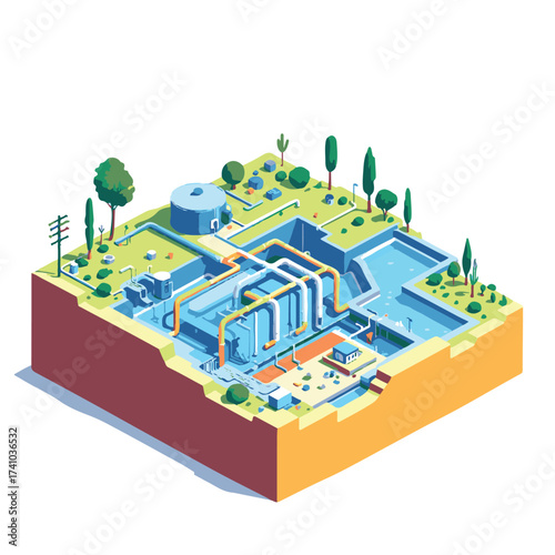 Isometric Vector of Modern Building with Advanced Rainwater Harvesting System