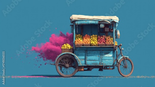 Vintage tricycle adorned with vibrant fruits and mystical pink dust on turquoise