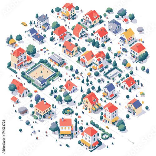 Top-Down Isometric Vector Map of a Town with Buildings, Roads, and Park