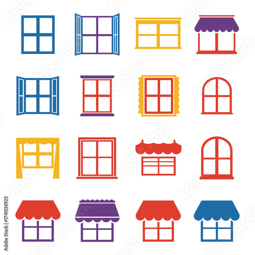 Collection of colorful window and awning designs on a white background