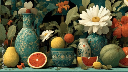 Still Life with Blooming Flowers, Textured Vases, and Assorted Fruits Composition